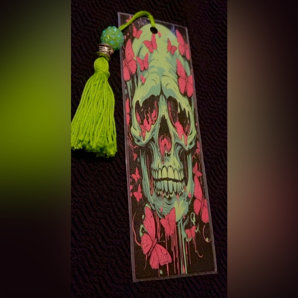 Skull and Butterfly Bookmark with Green Tassel